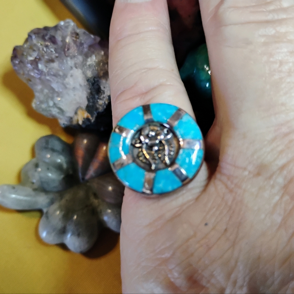 ⭐SANTA FE⭐                      MOJAVE TURQUOISE *INLAY* STERLING RING. SIZE-11 - Picture 3 of 12